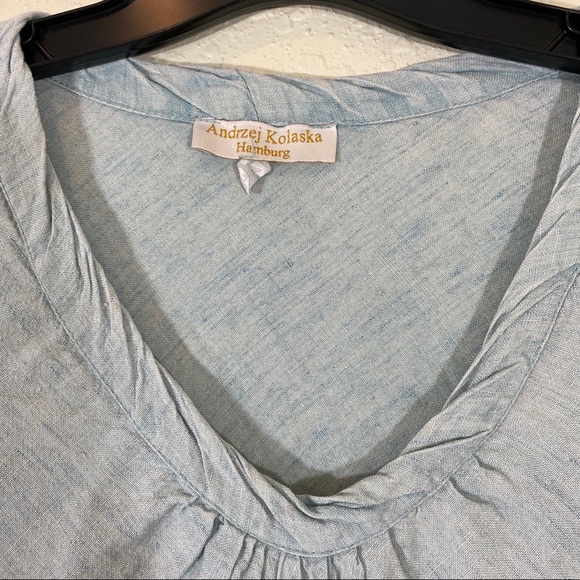 Andrzej Kolaska Linen Blouse Top Linen Scoop V Neck Blue Top Long Sleeve - Picture 2 of 7